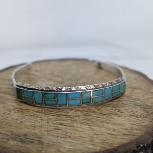 Vintage Native American Sterling Silver Turquoise Inlay Cuff Signed L Hallmark